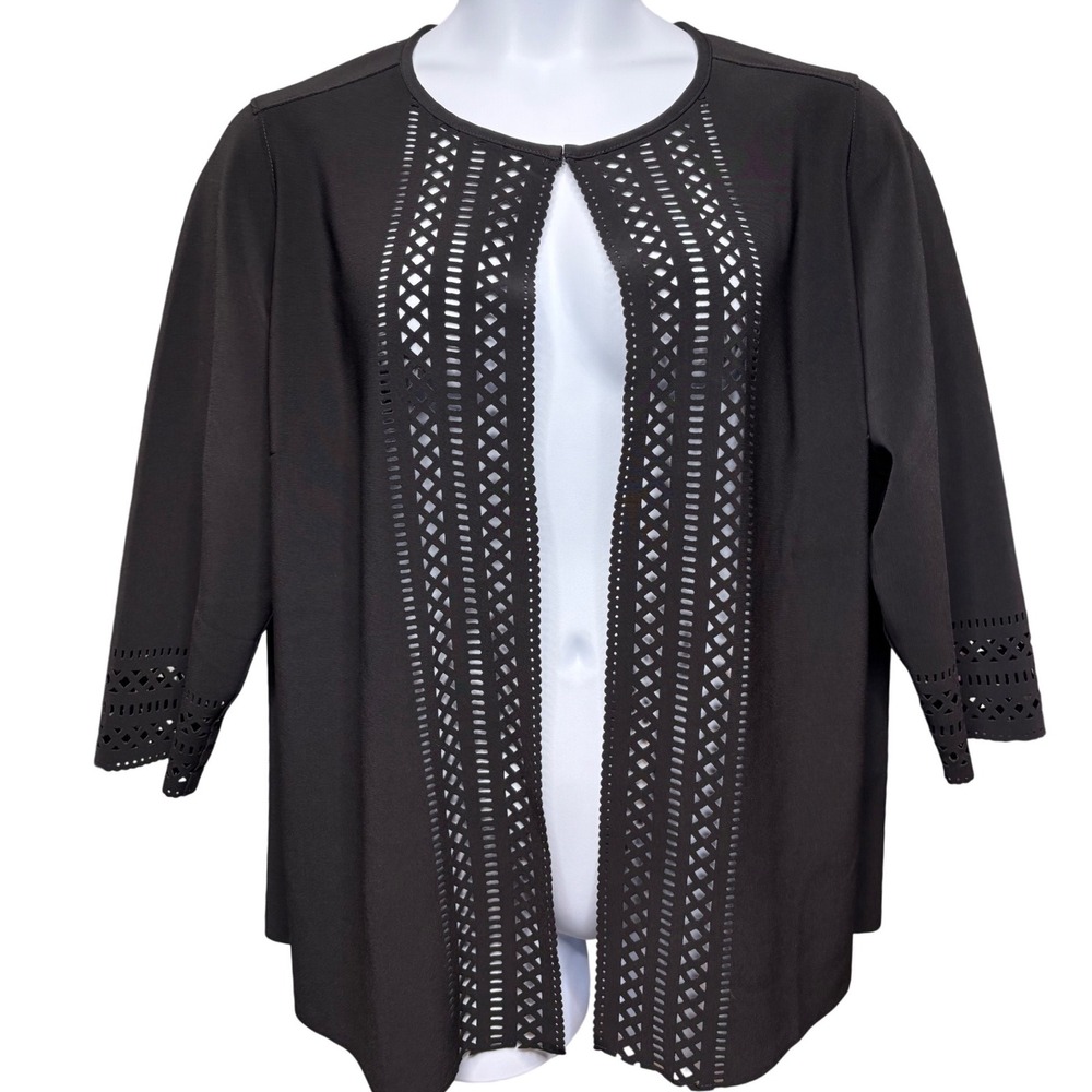 SUSAN GRAVER Womens Black Open Front Cardigan 1X Laser Cut Office Modern Chic